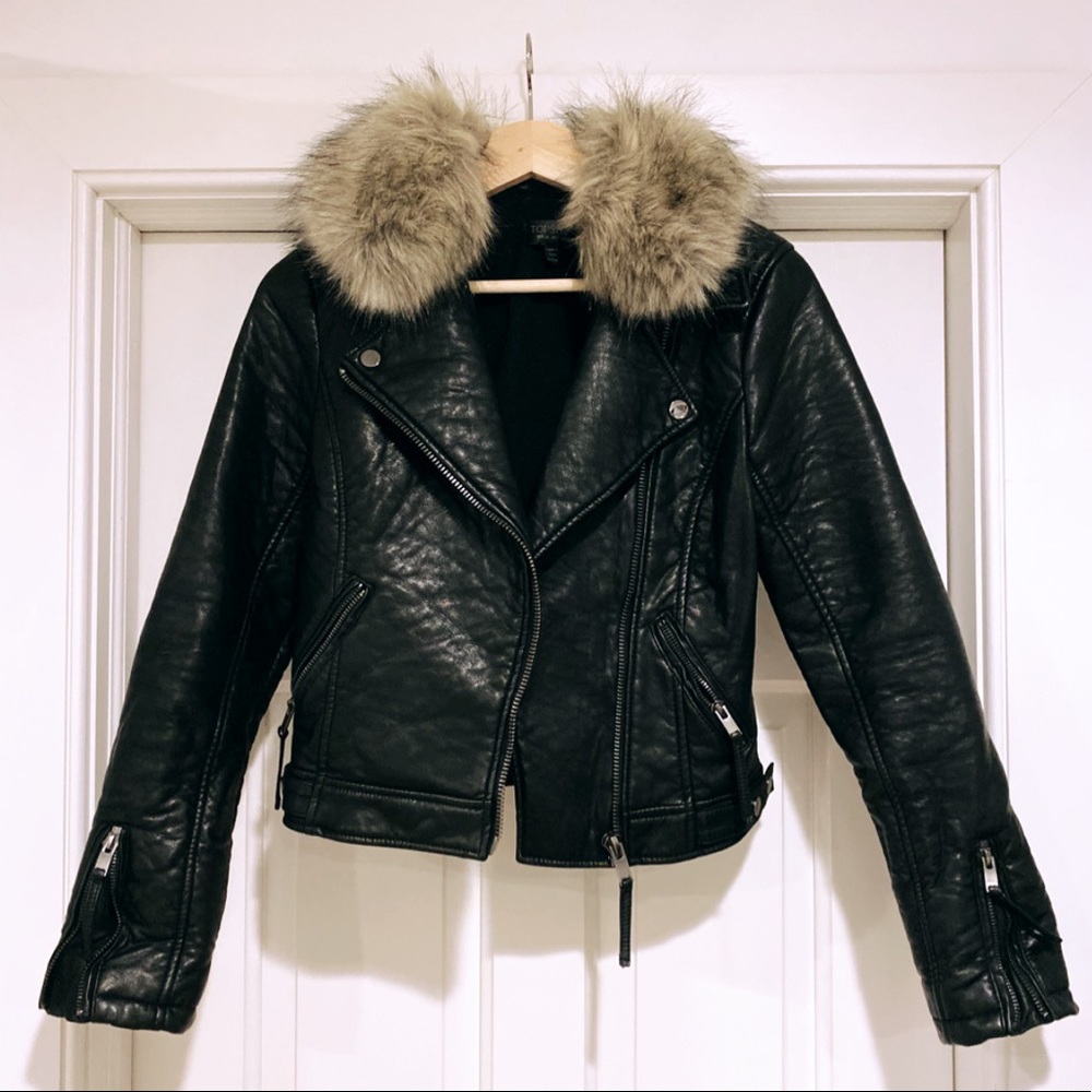 Black leather jacket with detachable fur collar